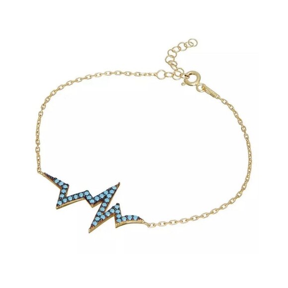 New Heartbeat Heart Sterling Silver 14K Gold Vermeil Micro Pave Turq Bracelet - Picture 2 of 3